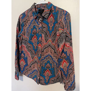 J CREW Ratti Mediterranean Shirt Womens 8 Medium Blue Red Slim Fit Button Up Top